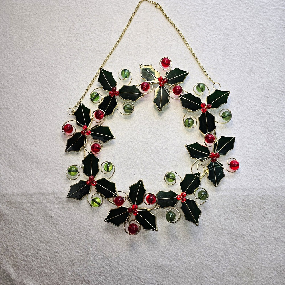 Vtg Stained Glass Christmas Holly Wreath Suncatcher 9" Wire Wrapped Berry Bead..